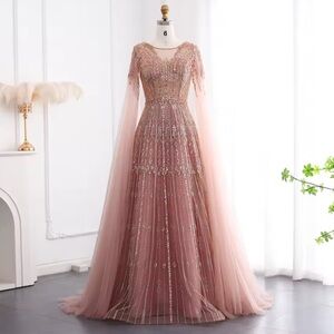 Elegant Rose Gold Beaded Long Sleeve Evening Gown